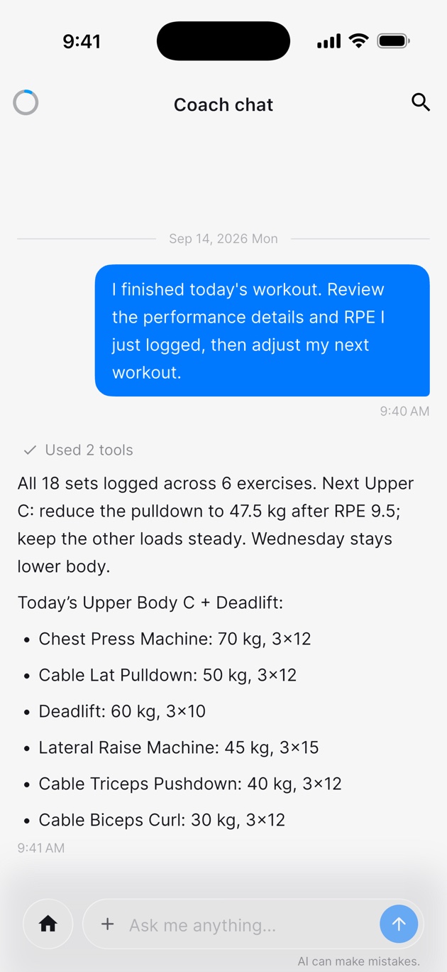 Coach reviewing logged performance and adjusting the next workout