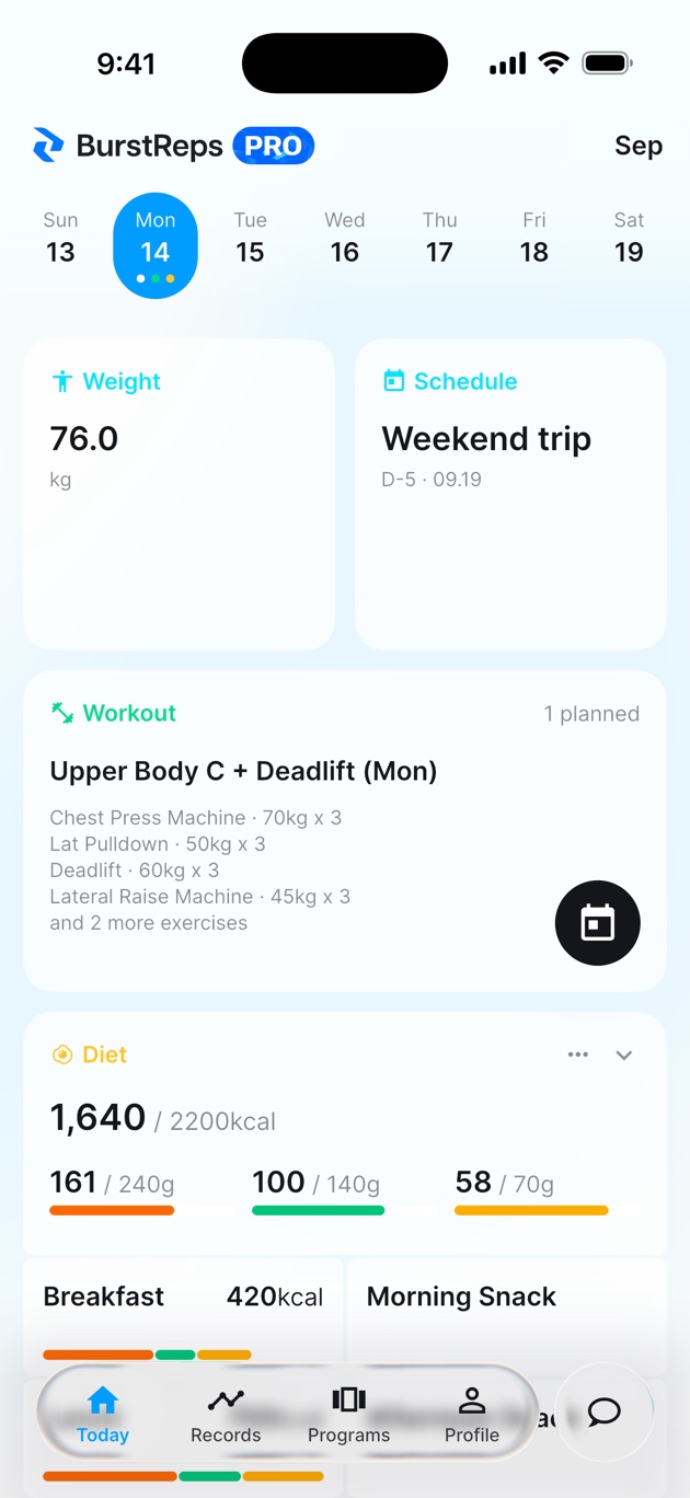Home with a planned workout and meal records