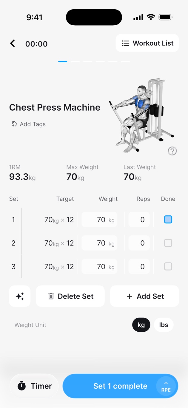 Sets and targets in an active workout
